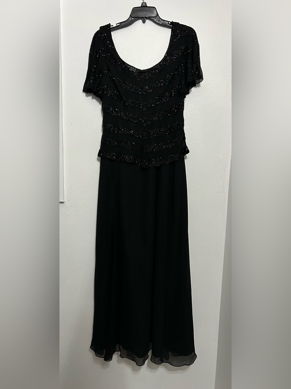 J Kara Black Beaded Formal Dress with Draped Sleeve Top